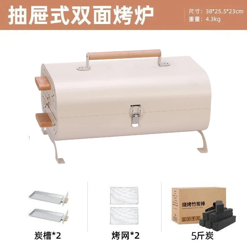 Outdoor portable barbecue grill smokeless foldable barbecue grill thickenedcamping style large frying and grilling dual-purpose charcoal barbecue stove