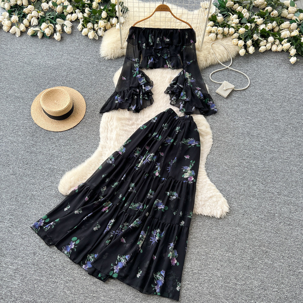 French holiday style one shoulder floral tops high waist skirt women's summertwo-piece set atmosphere elegantsuit