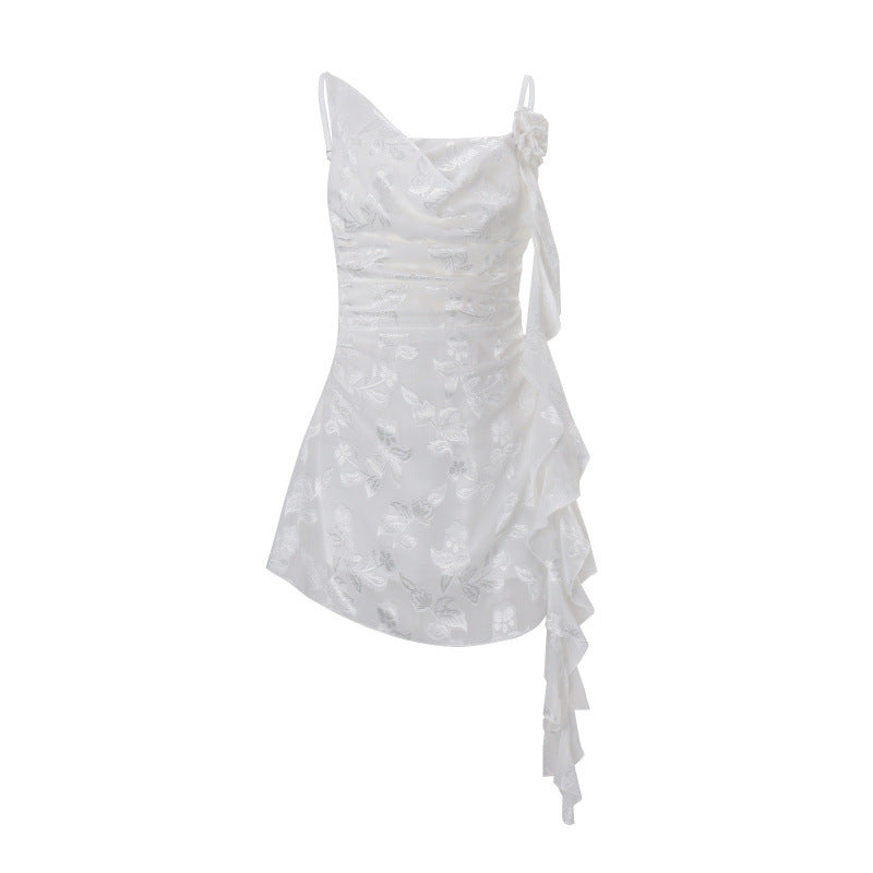 European and american  spring new women's high-end elegant sweet & sultry ribbon-trimmed jacquard cami dress