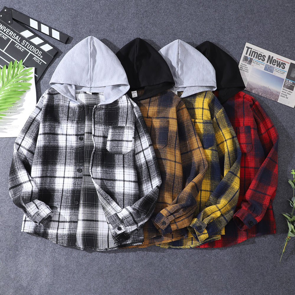European and american style boys' plaid shirt - fashionable boys' casual warm shirt - korean style plaid hooded jacket shirt