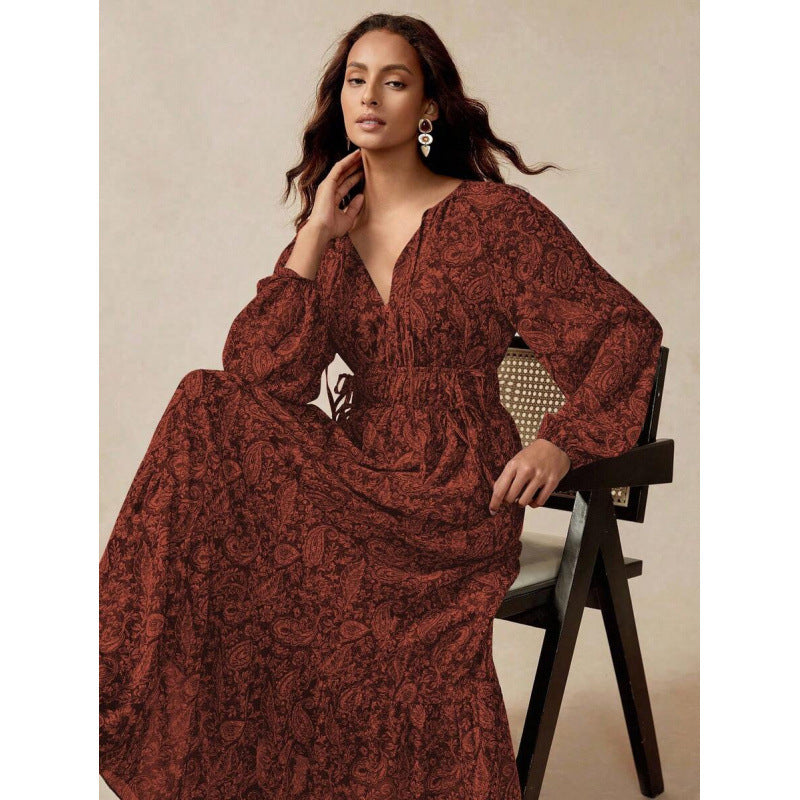 fashion bohemia retro printing loose a-line elegance lantern sleeve tie backdress women