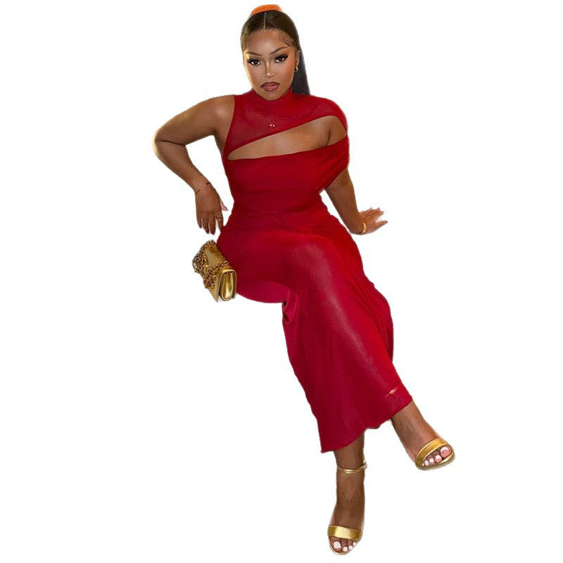 European and american style export design solid color women's elastic asymmetrical trendy bodycon dress with tie-up round neck and cutout long dress