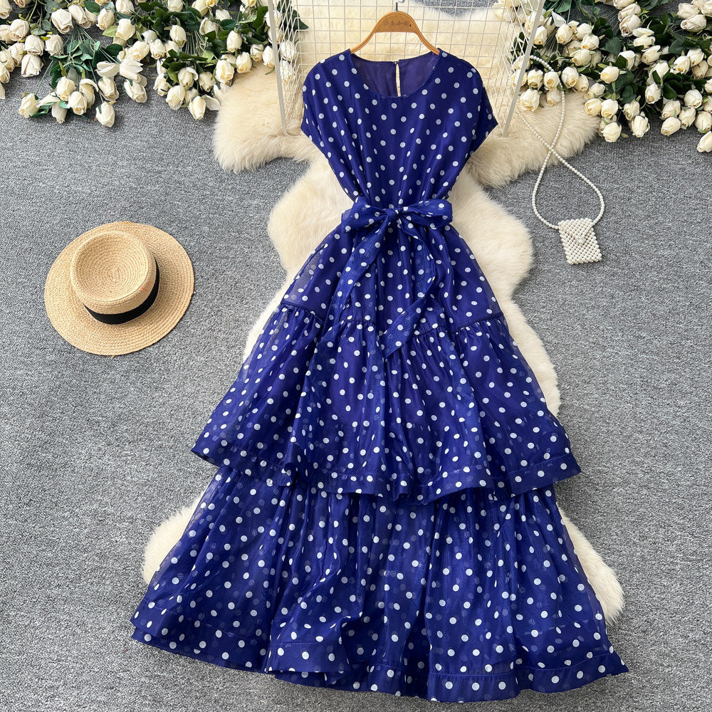 French polka dot round neck sleeveless dress women's red high waist slimming a-line dress elegant commute maxi dress