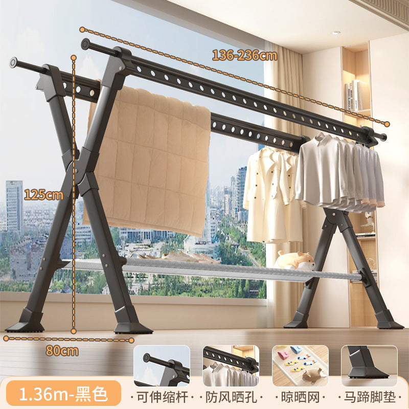 Foldable clothes drying rack - floor standing, indoor/outdoor use - aluminum alloy, extendable rod, perfect for balconies, bedrooms, and outdoor use - quilt drying solution