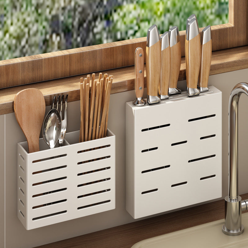 Stainless steel knife holder No punching Wall-mounted white kitchen Household chopsticks cartridge Kitchen knife storage Knife storage shelf