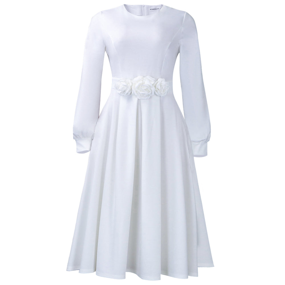 D602 women's foreign trade   autumn/winter new round neck long sleeve 3d floral skirt african dress