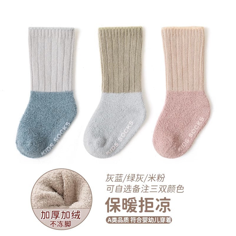 Babylon autumn and winter baby thickened kids socks non-slip dot glue baby floor socks coral velvet newborn knee socks