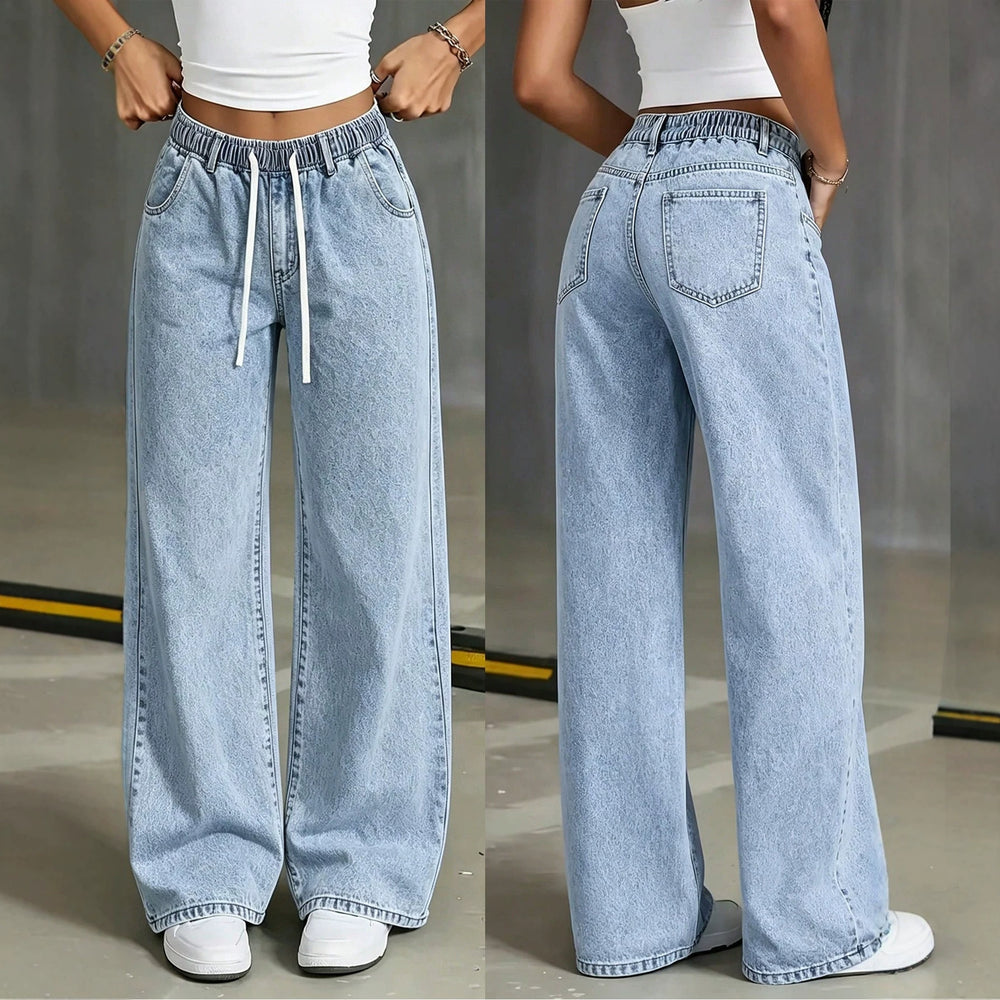 Fashionjeans women's washed drawstring elastic waist loose pantscasualloosedrapedmopstraight-leg pants