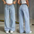 Fashionjeans women's washed drawstring elastic waist loose pantscasualloosedrapedmopstraight-leg pants