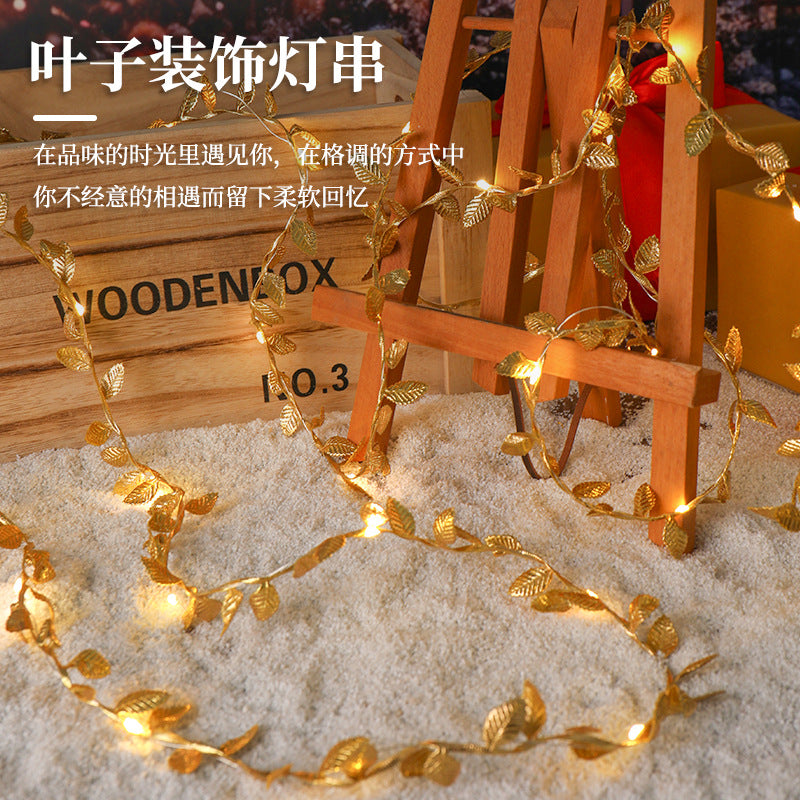 Cross-border simulation golden leaf copper wire light rattan leaf light string LED lights flashing modern simple decorative lights
