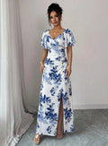 european and american cross-border summer v-neck floral print elegant maxi dress