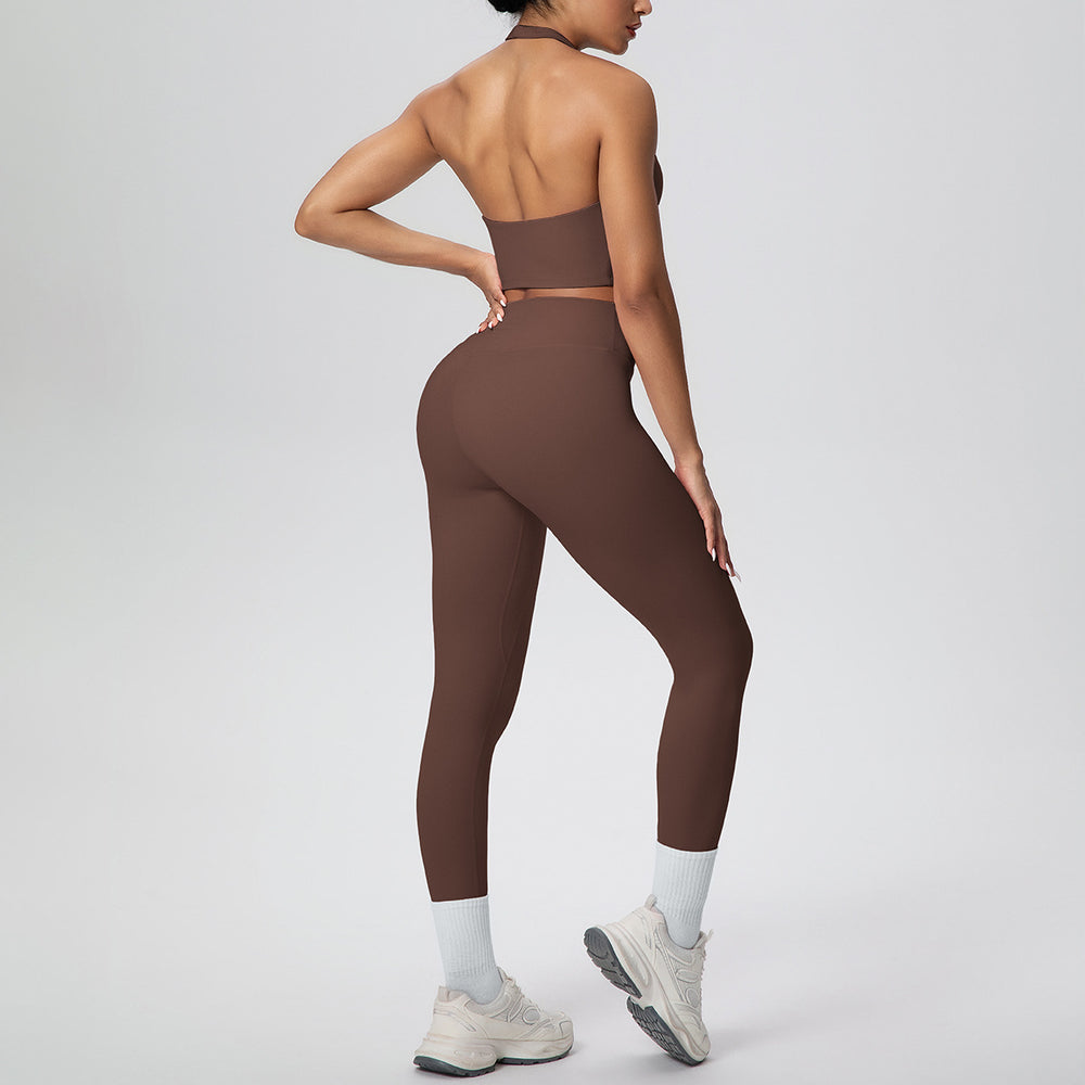 New arrival cross-border pure color double-sided brushed halter nine-point pants yoga suit sports running fitness two-piece set for women