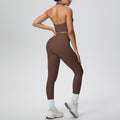 New arrival cross-border pure color double-sided brushed halter nine-point pants yoga suit sports running fitness two-piece set for women