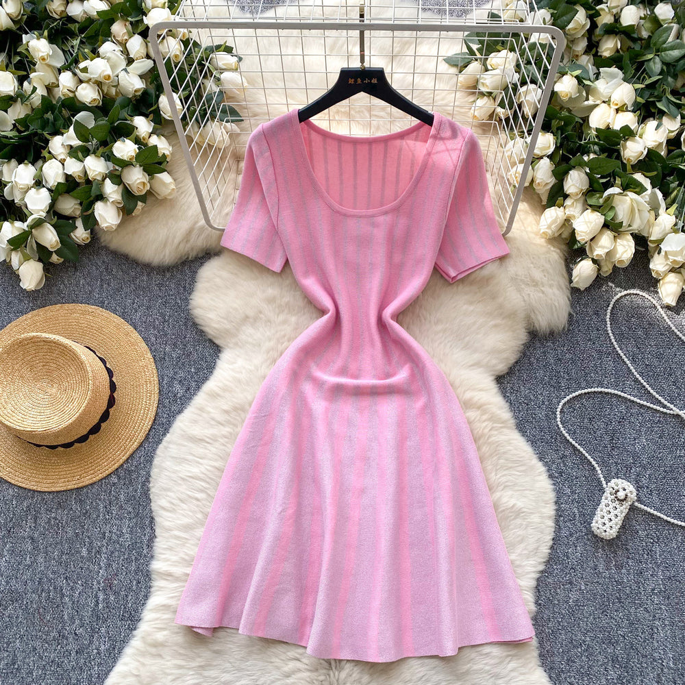 Fashionable women's dress  summer high-end u-neck short sleeve slimming shiny striped a-line knit dress