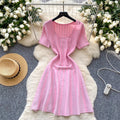 Fashionable women's dress  summer high-end u-neck short sleeve slimming shiny striped a-line knit dress