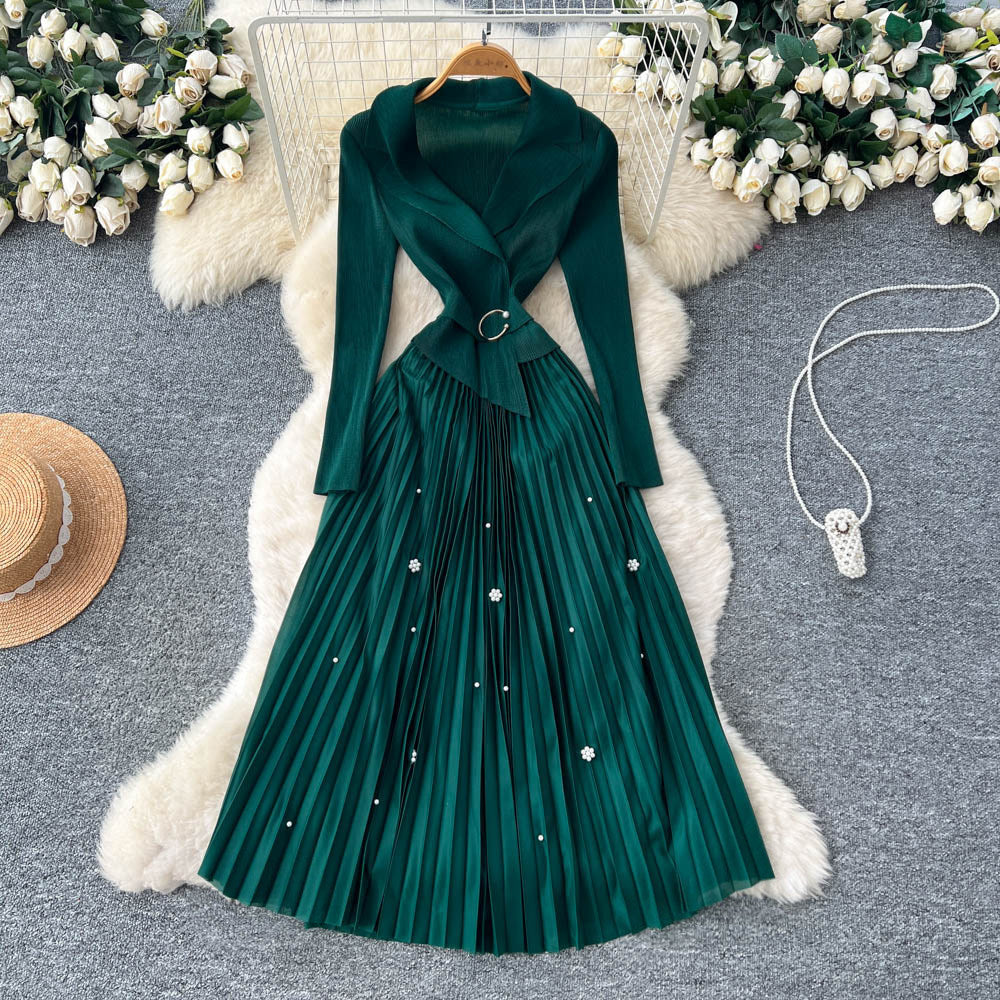 Commuting style lapel beaded long sleevesdress women's waist pleated skirtclassy socialite elegance gentle style long skirt