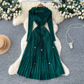 Commuting style lapel beaded long sleevesdress women's waist pleated skirtclassy socialite elegance gentle style long skirt