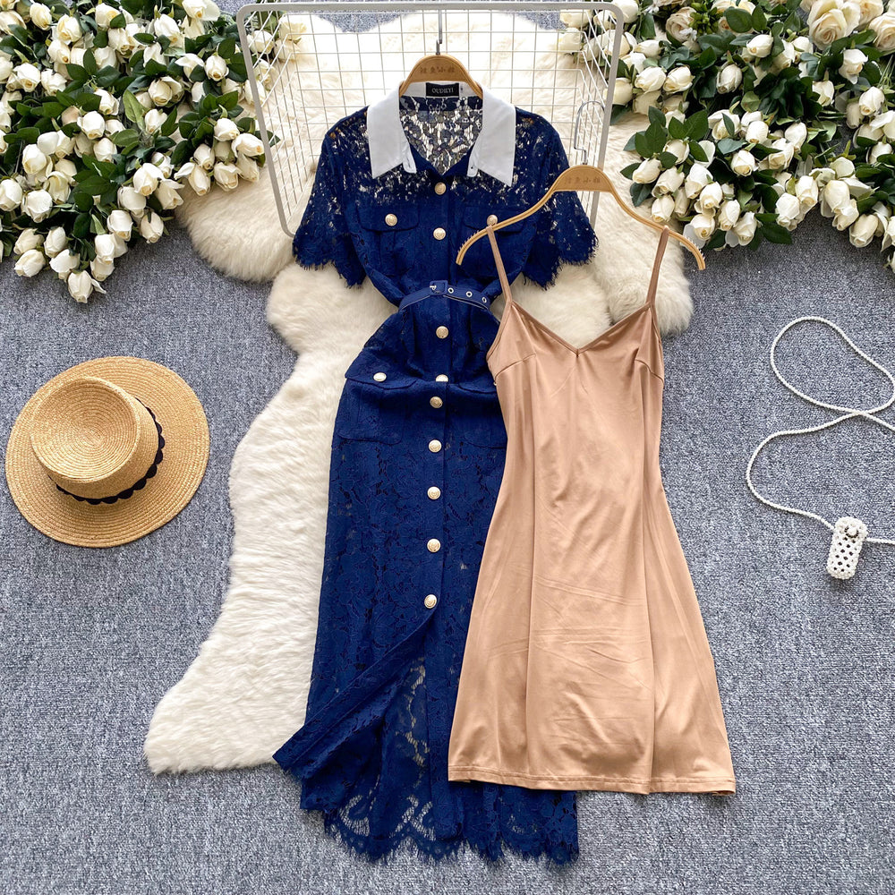 Palace style short-sleeved lapel dress women's summer mesh cut out crochet design royal sister long skirt with suspender skirt suit