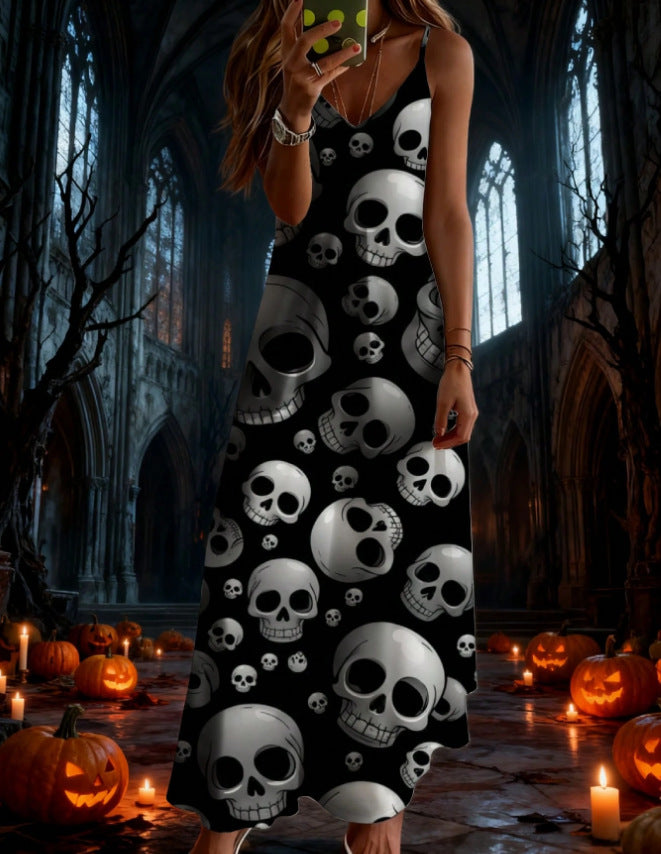 halloween pattern printing longdressv neckloose vacation suspender skirt