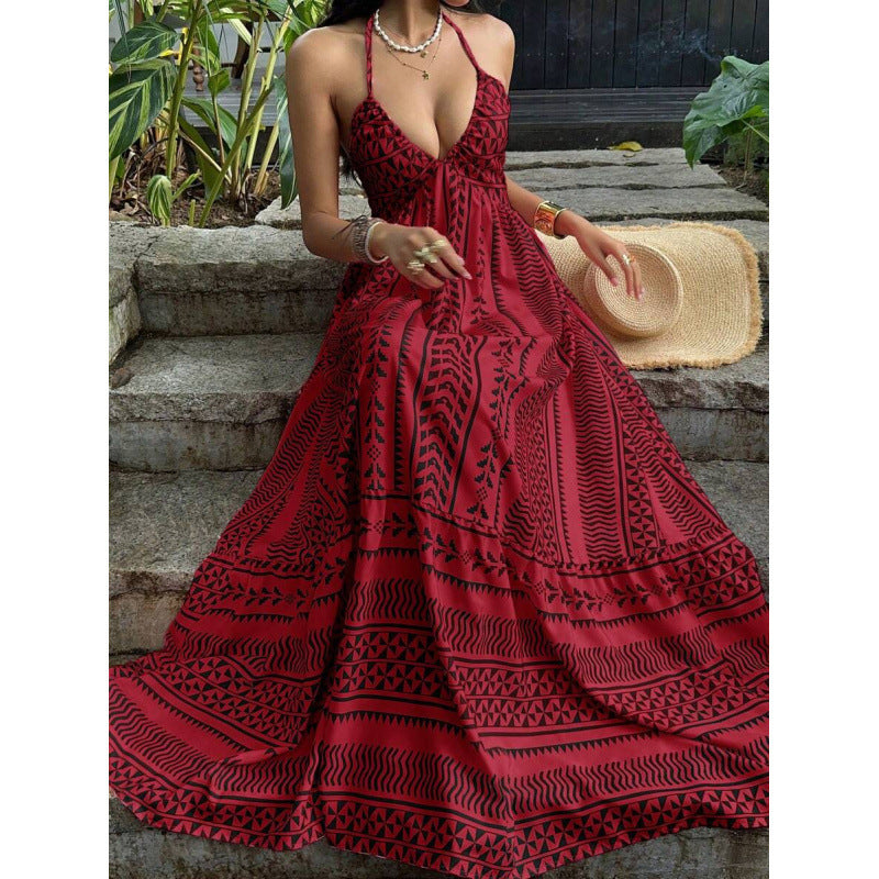 Amazon  summer new arrival: printed beach vacation style v-neck halter backless tie-up dress for women