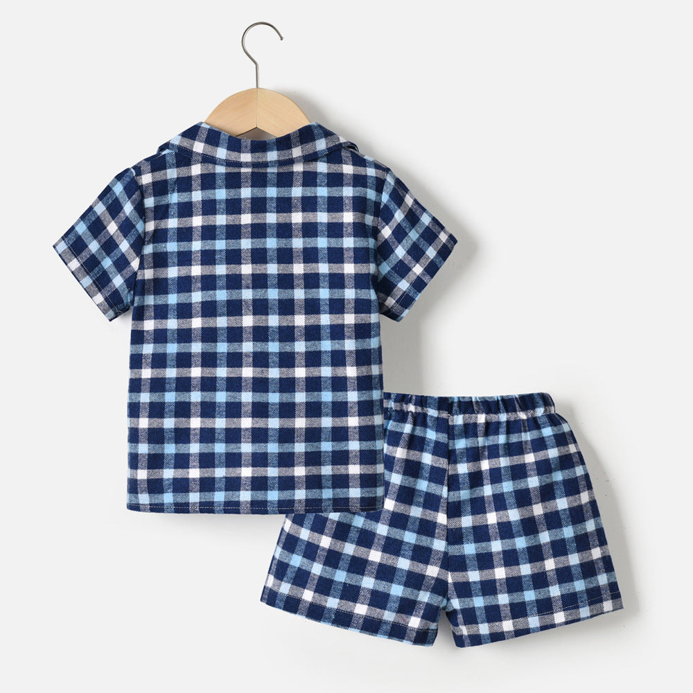 Boys' spring/autumn lightweight cotton short-sleeve cardigan plaid pajama set - kids' loungewear