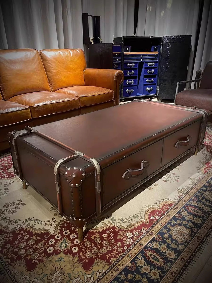 American retro storage table living room genuine leather box modern american country rattan distressed coffee table cigar bar cabinet