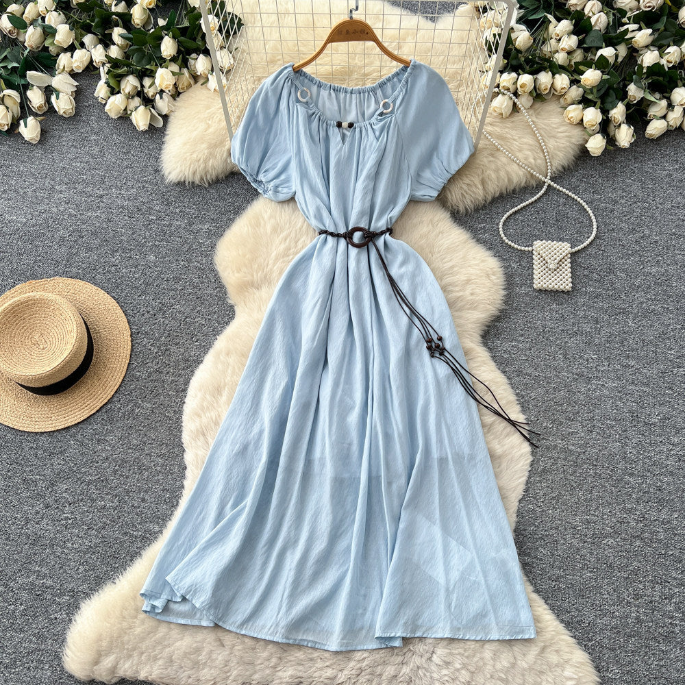 French chic yellow a-line dress - short sleeve, tie-waist, flowy maxi dress for women