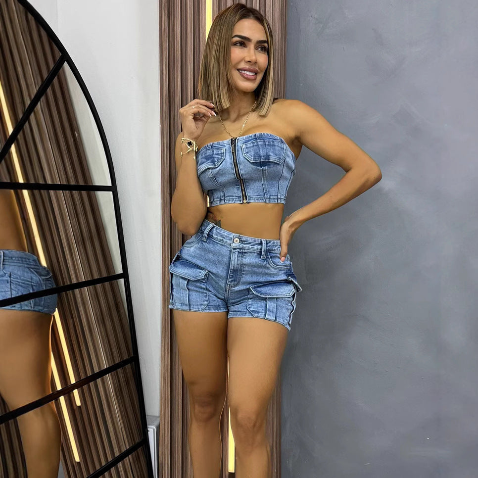 European and american style women's denim set -  foreign trade women's fashion sexy bandeau top with multi-pocket shorts