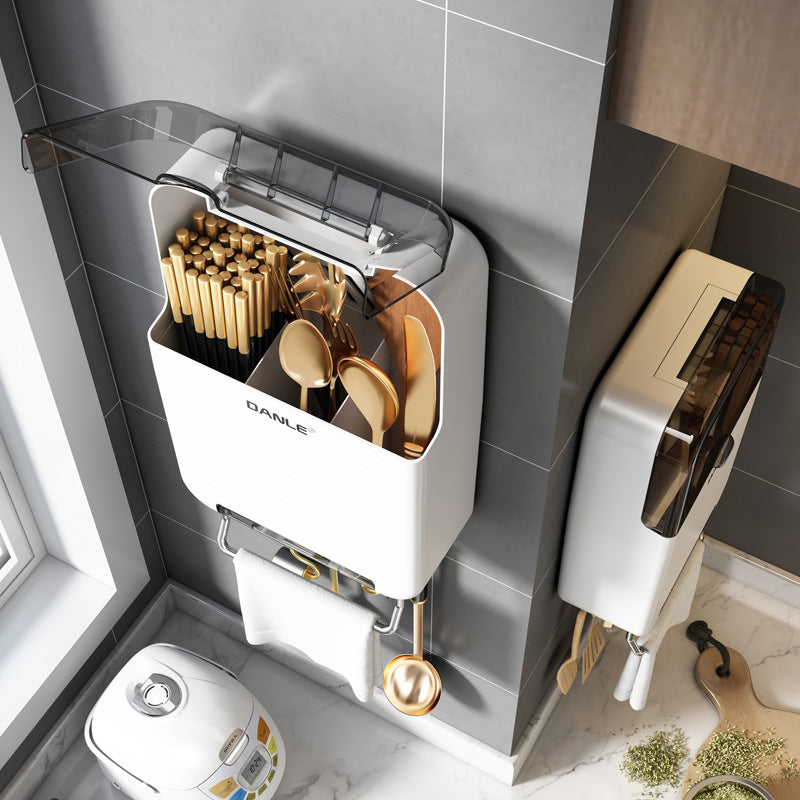 Chopsticks storage box Wall-mounted kitchen rack Household non-punching with dust cover Chopsticks cartridge integrated storage rack