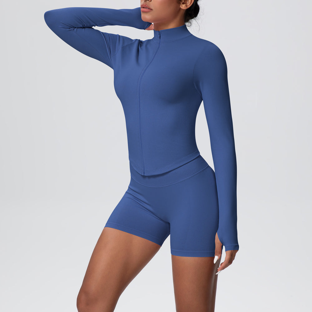New seamless stand collar knit long sleeve zipper yoga outfit high waist tight sports outdoor running fitness set for women
