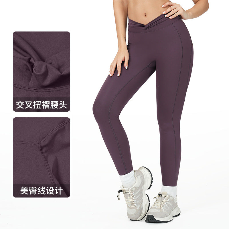 nude feel tight yoga pants cross high waist twist fitness pants outdoor running exercise pants 4514