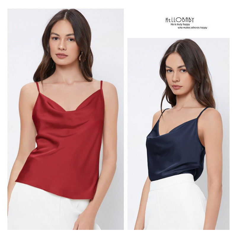 Suit with artificial silk satin suspenders women's stacked collar outwear sexy bottom swing collar short tops