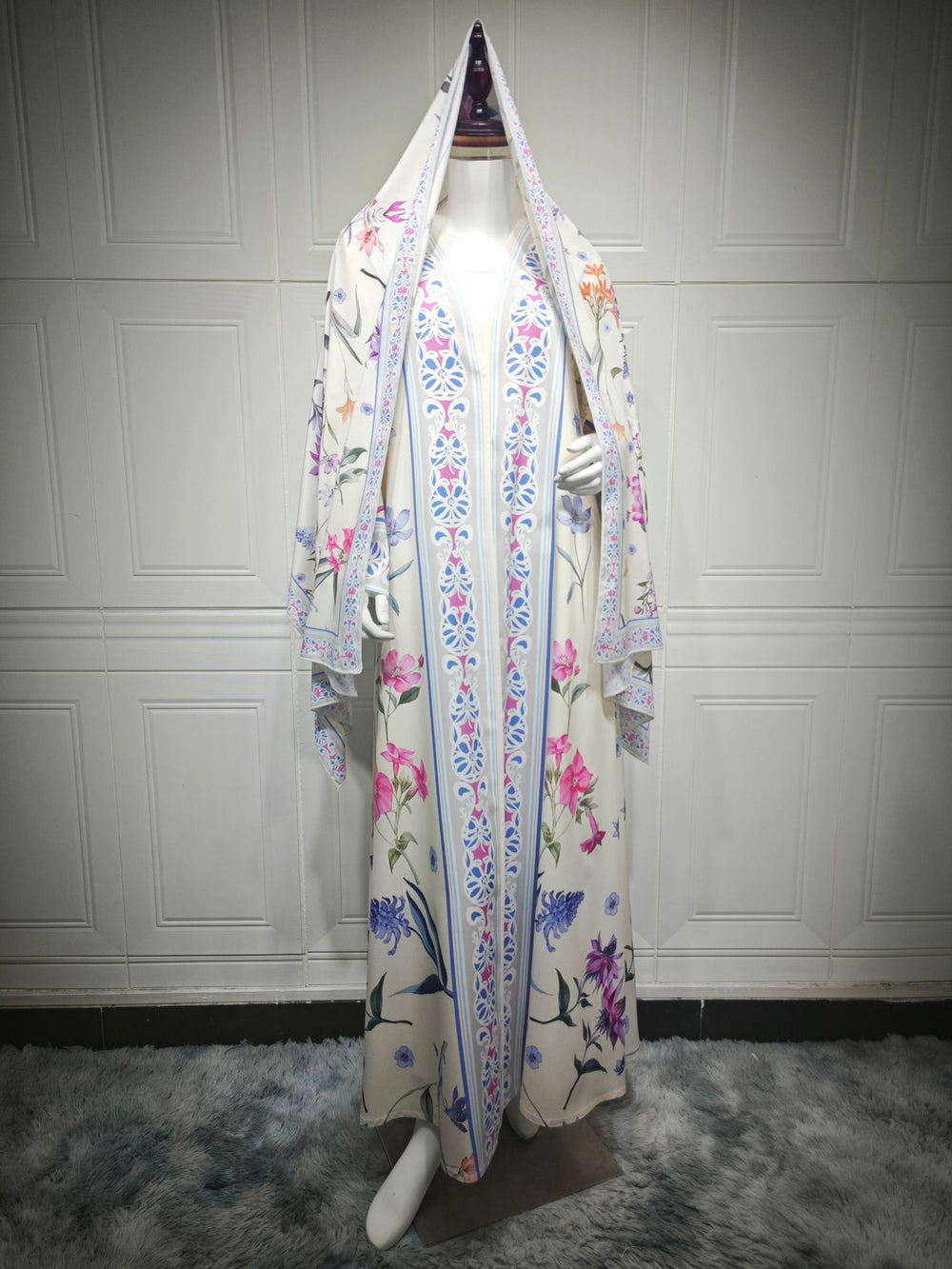 women's fashion printed cardigan robe set with headscarf - loose fit