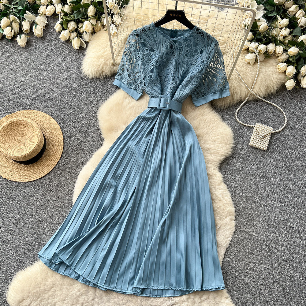Frenchretrocut out short-sleeved dress women's summerk-style waist slimming lookclassy sense pleated long skirt work clothing