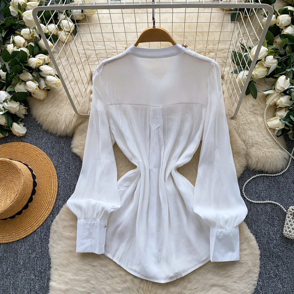 French chic beaded breathable blouse - women's summer long sleeve loose fit workwear white top with unique design