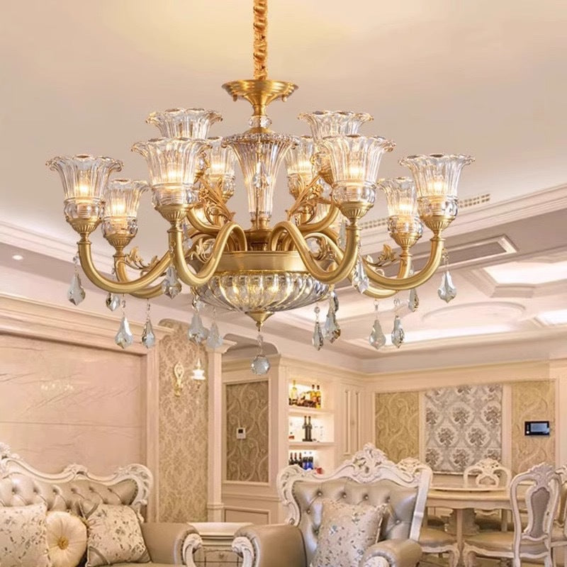 European crystal all-copper chandelier villa atmosphere living room dining room light duplex floor room American lighting light luxury chandelier