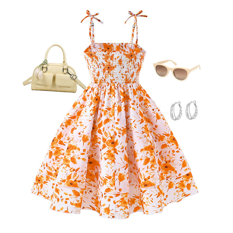 Amazon bestseller: girls' dress -  spring/summer new arrival - trendy floral print, slim fit, cinched waist, bow detail, spaghetti strap dress