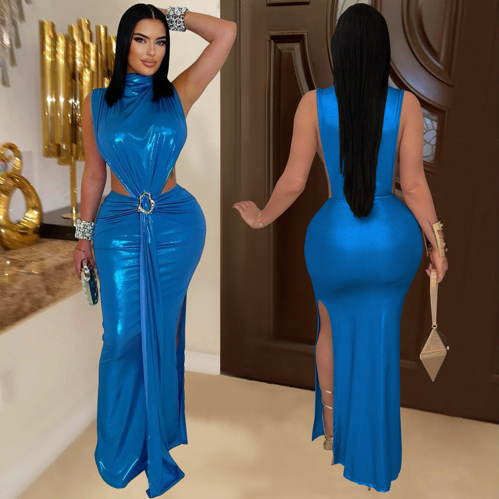 C7476 cross-border   fashion women's sexy elegant high neck sleeveless slit dress