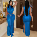 C7476 cross-border   fashion women's sexy elegant high neck sleeveless slit dress