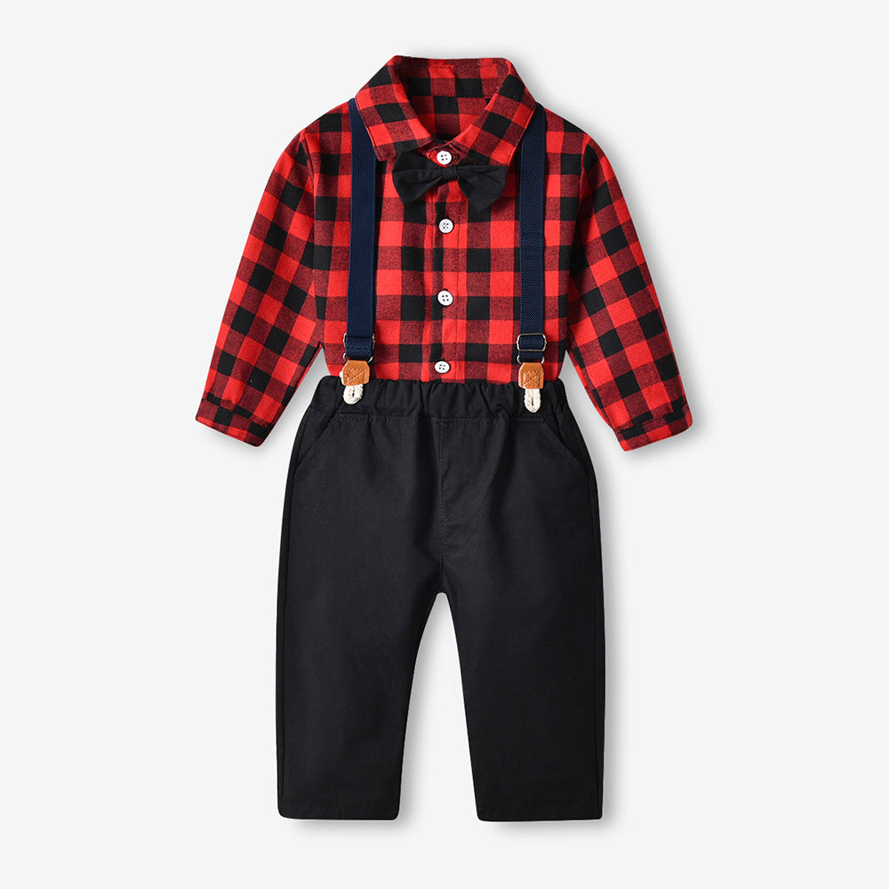 Export children's clothing autumn style preppy style boys handsome dress kids plaid long sleeves shirt western style brother and sister