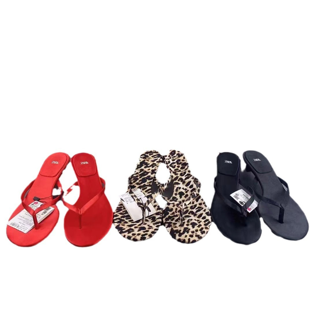 Za women's shoes new 2024 spring/summer round toe high heels red thong sandals mid-heel slingback cat heel fashion sandals