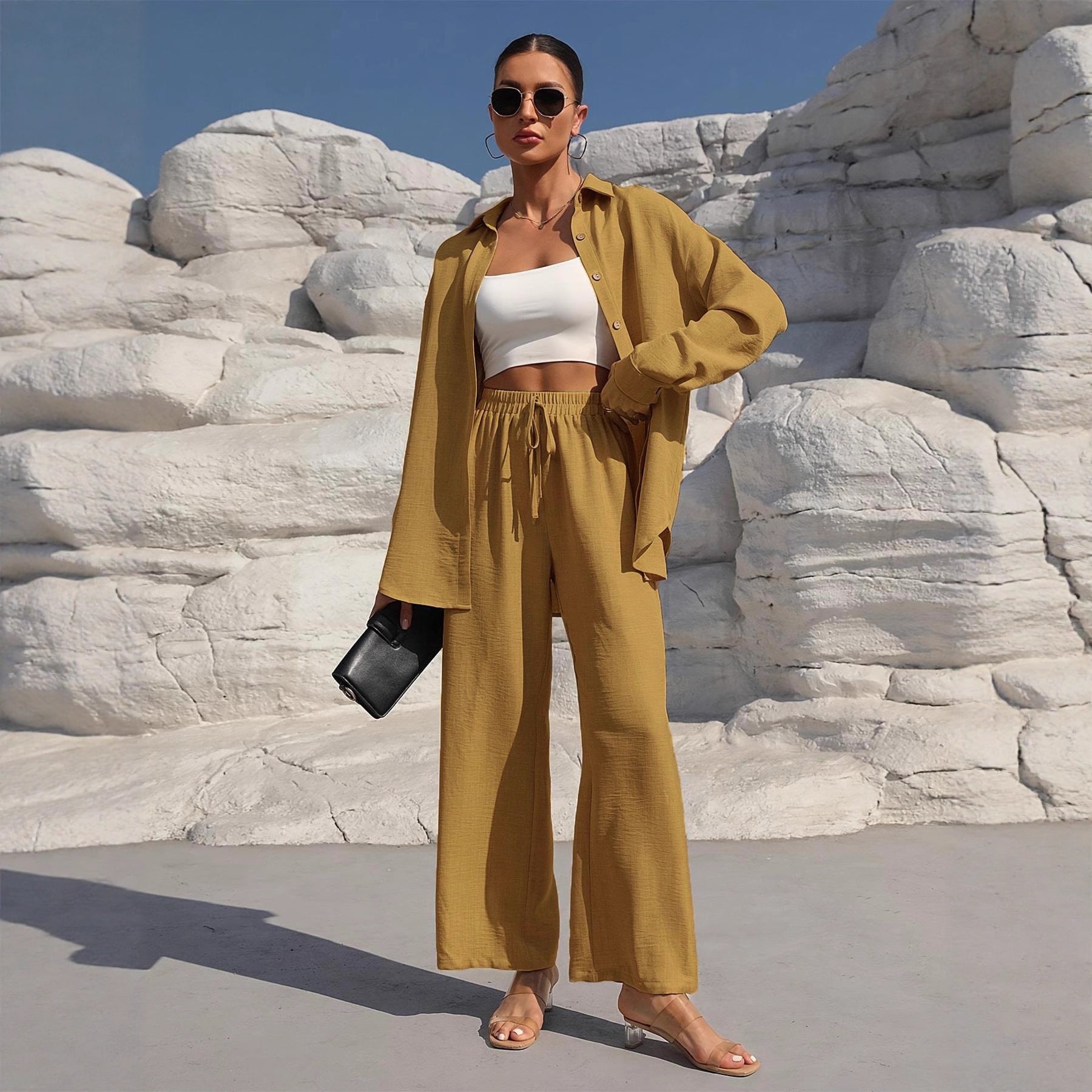 Europe and the United States  fashion spring and autumn style temperament large size women's long-sleeved cardigan two-piece set casual solid color set