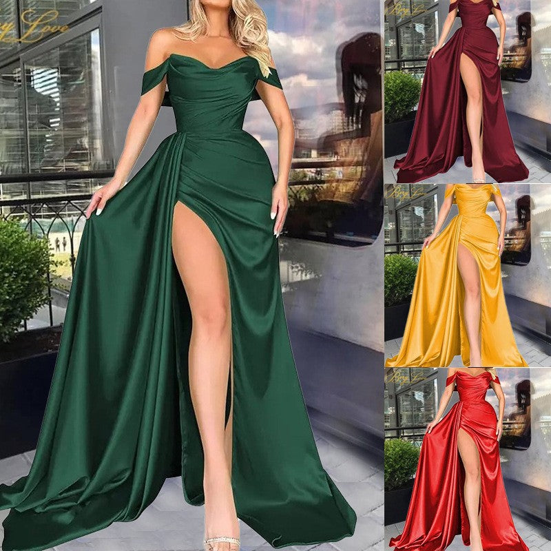 direct sales cross-border trade banquet high-slit sexy host one-shoulder slimming party evening dress