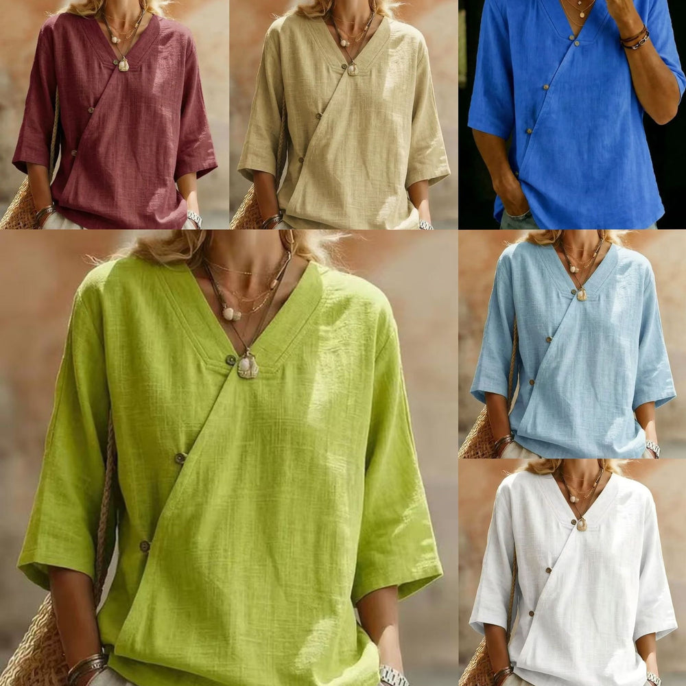 summer new women's solid color cotton linen european and american button-down top - cross-border e-commerce