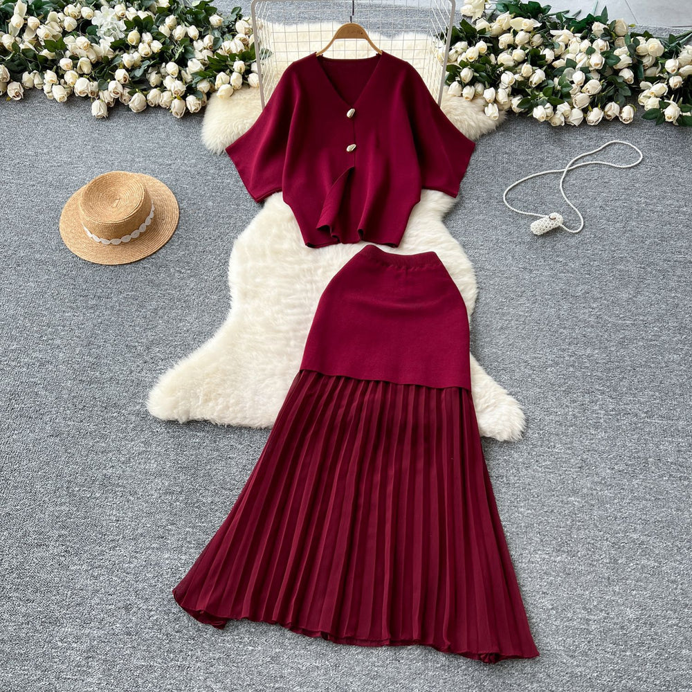 Sophisticated two-piece dress set:  summer collection - premium short-sleeve knit top & high-waisted pleated midi skirt