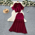 Sophisticated two-piece dress set:  summer collection - premium short-sleeve knit top & high-waisted pleated midi skirt
