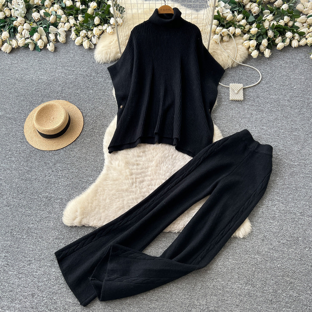 Lazy style knittingtwo-piece set for women autumhigh collartopsloose pants silmslimming looksweaterwork clothingsuit