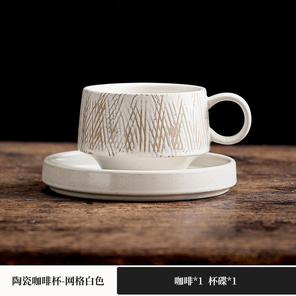Vintage chic ceramic mug and saucer set - high-style afternoon tea, milk, and coffee cups - rustic pottery, japanese-style hand-painted ceramic mugs and water cups