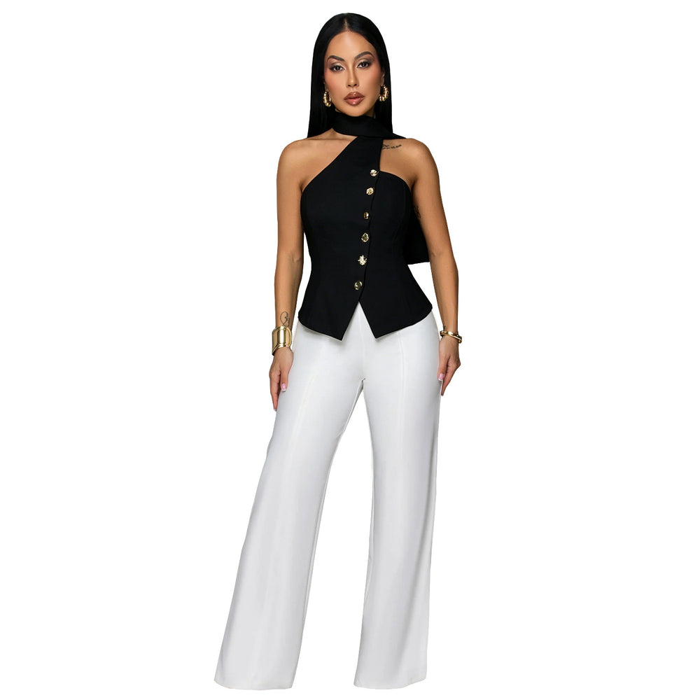 C7756 cross-border  new women's fashion european and american summer commute halter neck slim-fit top and wide-leg pants two-piece set