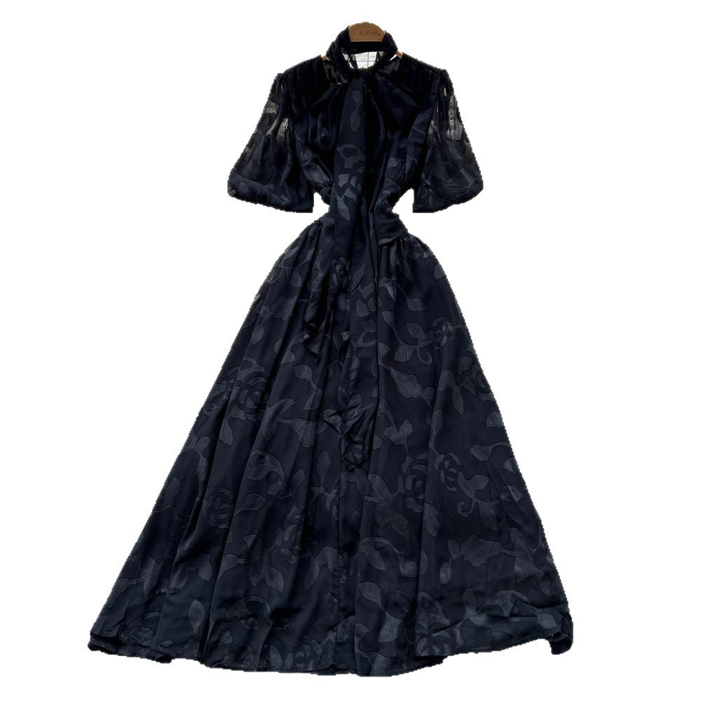 French chic bow-tie lantern sleeve dress - women's fashionable waist-cinching jacquard mesh flowy maxi dress